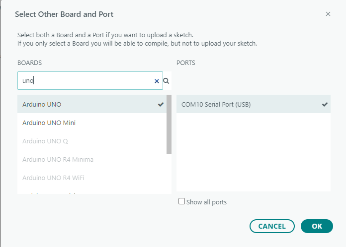 Select Arduino UNO